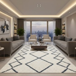 Modern İskandinav tarzı krem ve mavi halı – Dijital baskı, yıkanabilir, kaymaz – Oturma odası, yatak odası, 7 mm