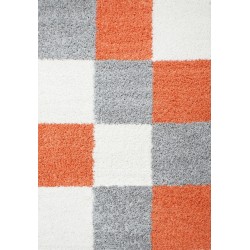 Shaggy rug with long pile, terracotta-white-grey checkered design