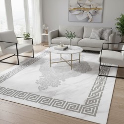Modern Grey and White Rug with Greek Pattern, Washable, Digitally Printed, 7 mm, Non-Slip, Living Room, Bedroom