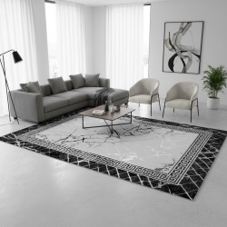 Modern grey and black marbled rug with Greek key pattern, digital print, washable, non-slip, for living room or bedroom