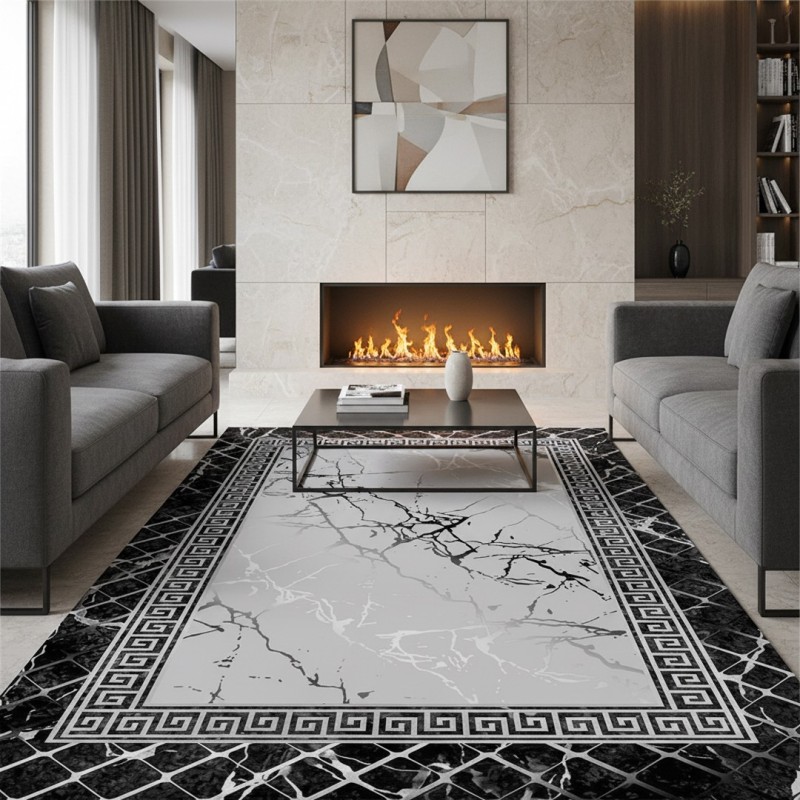 Modern grey and black marbled rug with Greek key pattern, digital print, washable, non-slip, for living room or bedroom