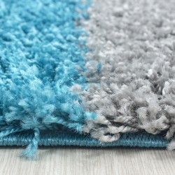 Shaggy rug with long pile, turquoise-white-grey checkered design