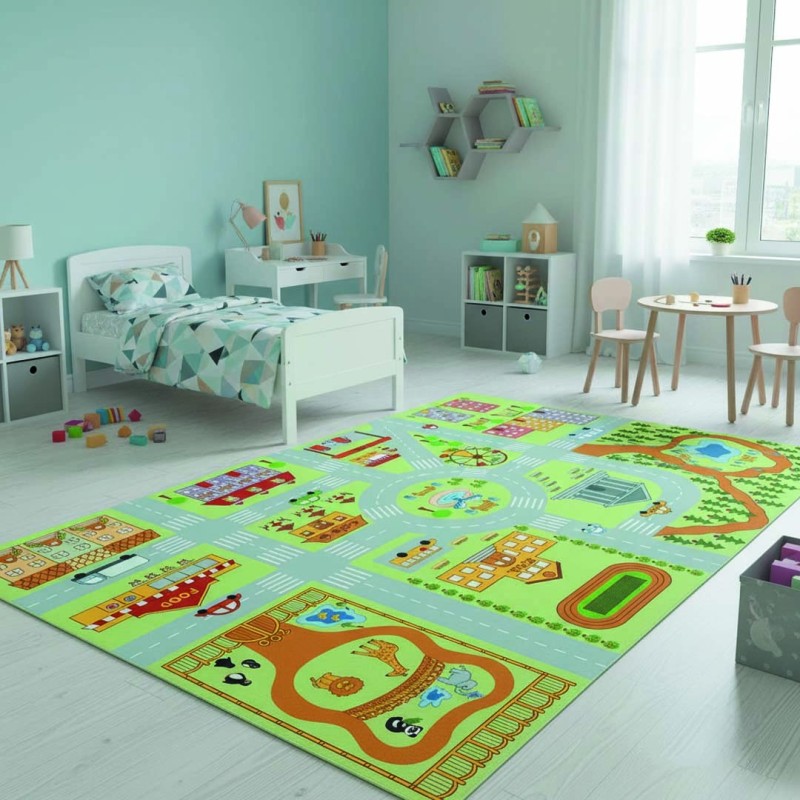Lernspielmatte für Kinder – Stadtplan mit Straßen, Schule, Zoo, Park, abwaschbar, rutschfeste Unterseite, Autospiel