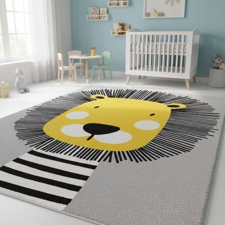 Grazioso tappeto per bambini a forma di leone – divertente motivo giallo e nero, lavabile, antiscivolo, stampa digitale da 6-7