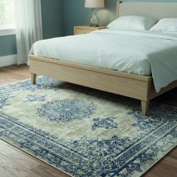 Elegant vintage matta i krämfärgad och blå färg, digitaltryck, tvättbar, halkfri, 9 mm, vardagsrum – Chenille & bomull