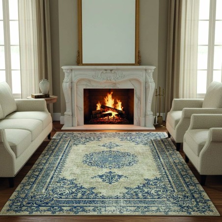 Elegant vintage cream and blue rug, digital print, washable, non-slip, 9 mm, living room – Chenille & Cotton