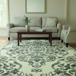 Tapis Chenille et Coton vintage crème gris, impression numérique, antidérapant, lavable, 9 mm pour salon