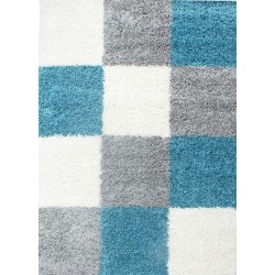 Shaggy rug with long pile, turquoise-white-grey checkered design