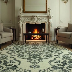 Tapis Chenille et Coton vintage crème gris, impression numérique, antidérapant, lavable, 9 mm pour salon