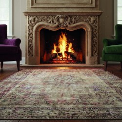 Vintage beige rug with faded patterns, Chenille & Cotton, digital print, washable, non-slip, 9 mm