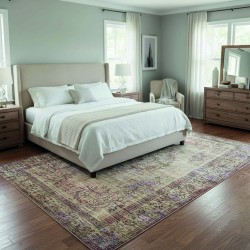 Tapis vintage beige avec motifs effacés, Chenille & Coton, impression numérique, lavable, antidérapant, 9 mm