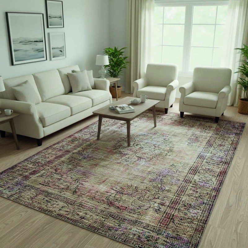 Tapis vintage beige avec motifs effacés, Chenille & Coton, impression numérique, lavable, antidérapant, 9 mm