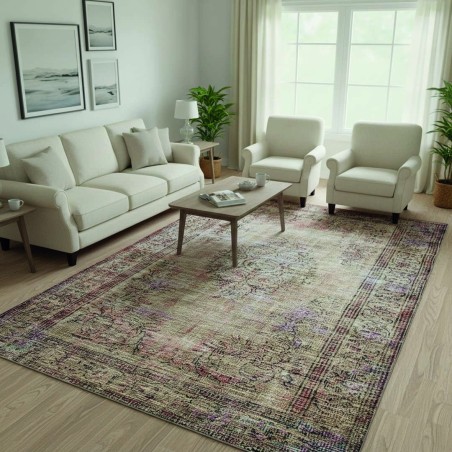 Tapis vintage beige avec motifs effacés, Chenille & Coton, impression numérique, lavable, antidérapant, 9 mm