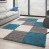 Tapis Shaggy pile longue designe à carreaux TURQUOISE-BLANC-GRIS