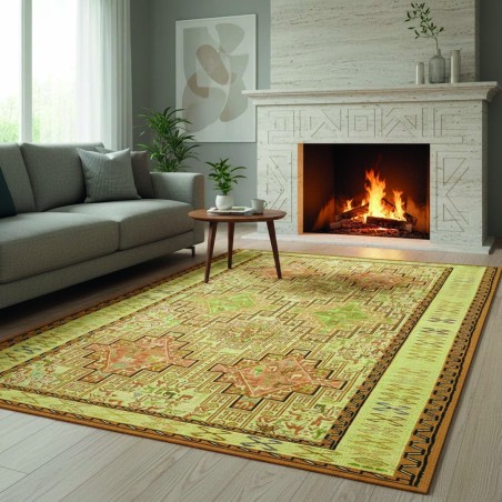 Etnik desenli, şönil ve pamuktan üretilmiş, dijital baskılı, yıkanabilir, kaymaz, 9 mm kalınlığında vintage kilim.