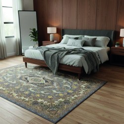 Klassiek oosters grijs-goud tapijt, Chenille & Katoen, digitale print, antislip, wasbaar, 9 mm