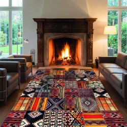Patchwork rug with multicolored kilim pattern, Chenille & Cotton, digital print, non-slip, 9 mm