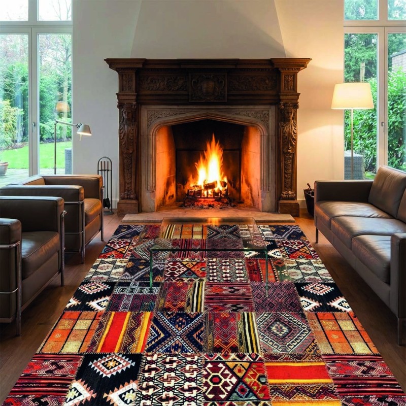 Alfombra patchwork con estampado kilim multicolor, Chenilla y Algodón, impresión digital, antideslizante, 9 mm