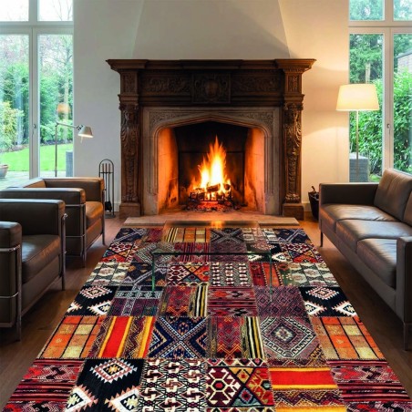 Patchwork-Teppich mit mehrfarbigem Kelim-Muster, Chenille & Baumwolle, Digitaldruck, rutschfest, 9 mm