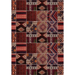 Tappeto tradizionale kilim patchwork multicolore rosso, ciniglia e cotone, stampa digitale, 9 mm, antiscivolo