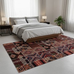 Traditional red multi-color kilim patchwork rug, Chenille & Cotton, digital print, 9 mm, non-slip
