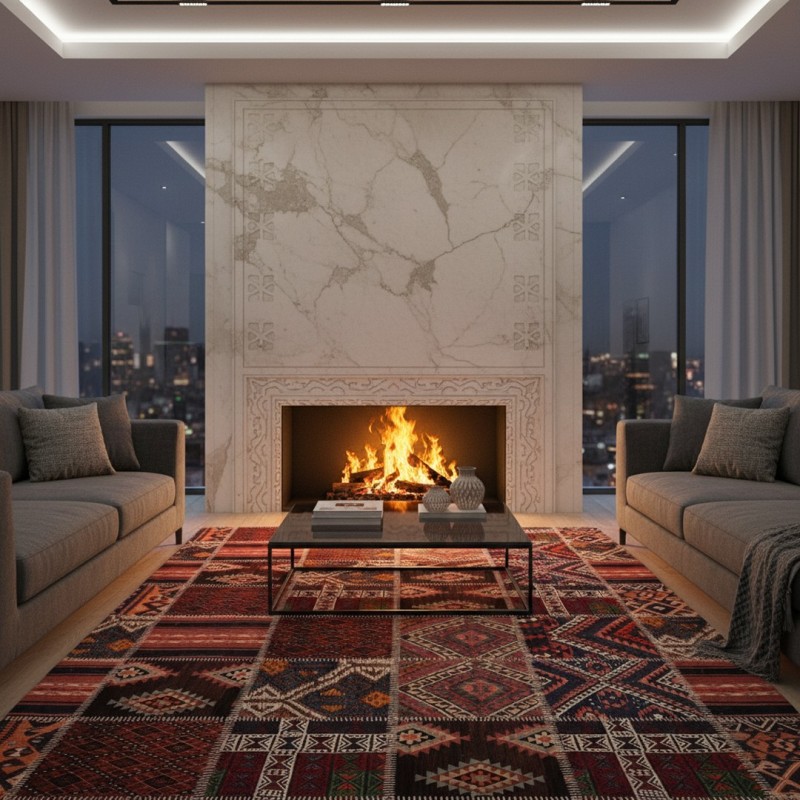 Geleneksel kırmızı çok renkli kilim patchwork halı, şönil ve pamuk, dijital baskı, 9 mm, kaymaz.