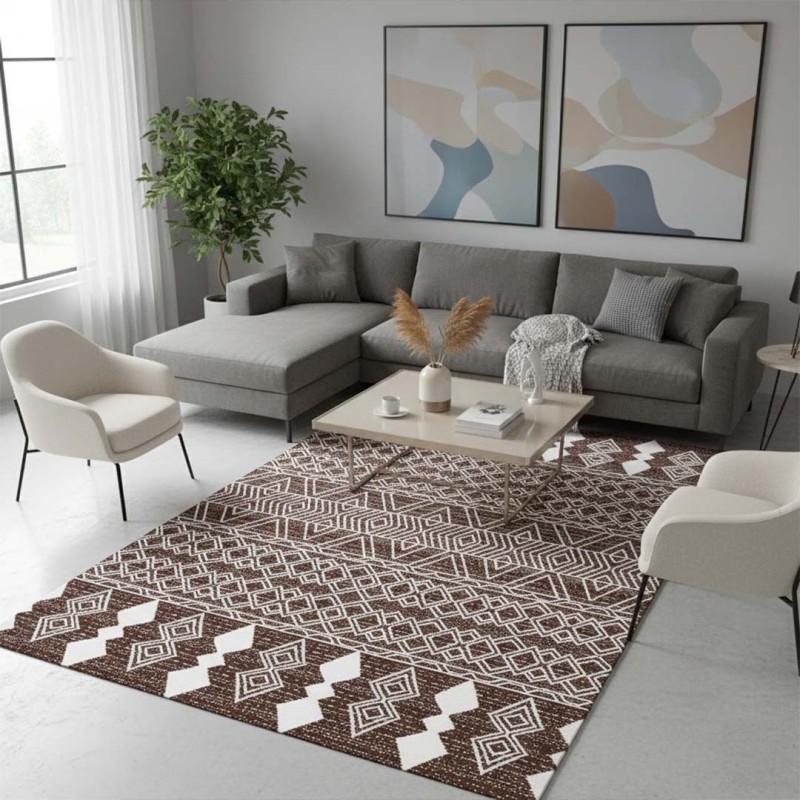 Berber pattern rug, brown and white, Chenille & Cotton, digital print, non-slip, 9 mm high