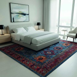 Tapis bleu style kilim traditionnel, Chenille & Coton, impression numérique, antidérapant, 9 mm