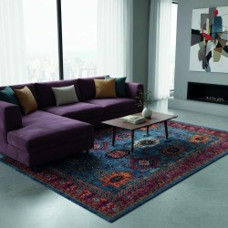 Kilim stijl blauw vloerkleed, Chenille & Katoen, digitale print, antislip rug, poolhoogte 9 mm