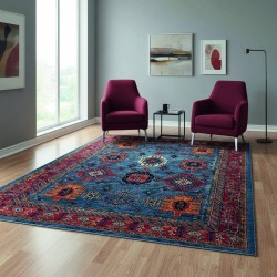 Mavi kilim tarzı halı, şönil ve pamuk karışımı, dijital baskı, kaymaz, 9 mm