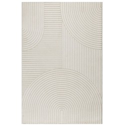 Alfombra moderna con relieve gráfico, textura esculpida y líneas redondeadas.