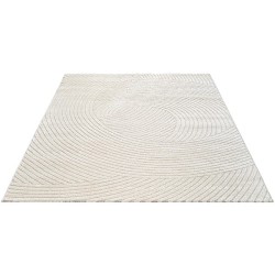 Modern cream-colored rug with a wavy texture and overlapping circular patterns