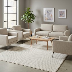 Tappeto moderno color crema con trama ondulata e motivi circolari sovrapposti