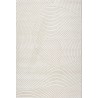 Alfombra moderna de color crema con textura ondulada y patrones circulares superpuestos.