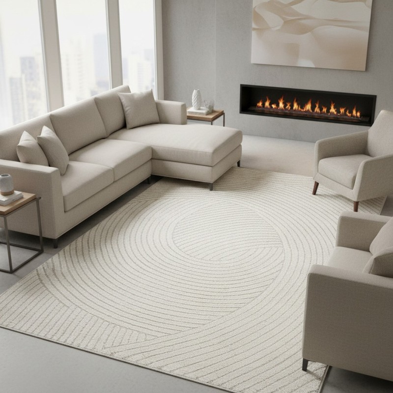 Modern cream-colored rug with a wavy texture and overlapping circular patterns