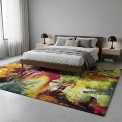Alfombra moderna multicolor con un estampado abstracto artístico y un efecto pintado.