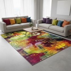 Tappeto moderno multicolore con un motivo astratto artistico ed effetto dipinto.