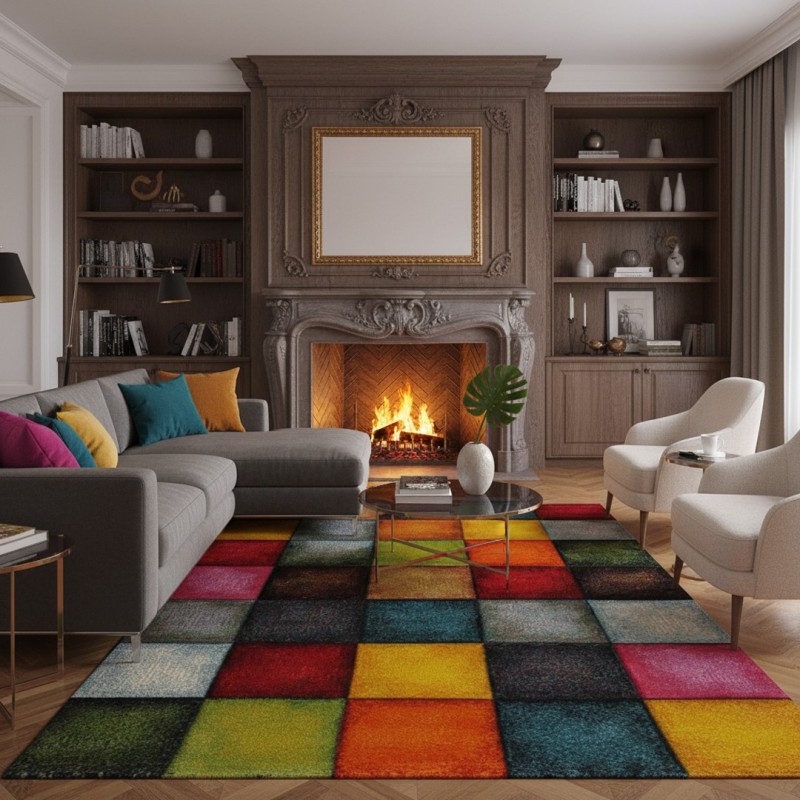 Moderner, mehrfarbig karierter Teppich mit 13 mm Florhöhe