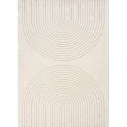 Modern rug with minimalist arc pattern, dense 12mm velvet, contemporary living room design