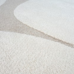 Tappeto astratto moderno con forme organiche, velluto denso color crema da 12 mm, elegante soggiorno