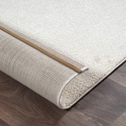 Modern abstract rug with organic shapes, cream-colored dense 12mm velvet, elegant living room