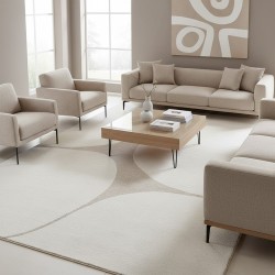 Tappeto astratto moderno con forme organiche, velluto denso color crema da 12 mm, elegante soggiorno