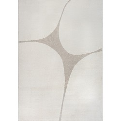 Modern abstract rug with organic shapes, cream-colored dense 12mm velvet, elegant living room