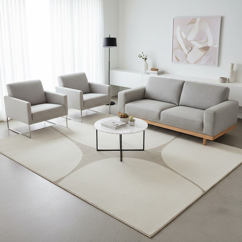 Modern abstrakt matta med organiska former, krämfärgad tät 12 mm sammet, elegant vardagsrum