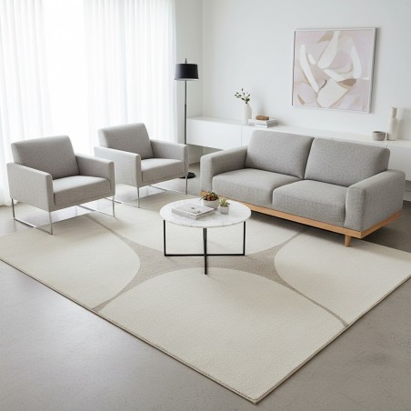 Modern abstrakt matta med organiska former, krämfärgad tät 12 mm sammet, elegant vardagsrum