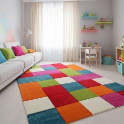 Alfombra infantil, estampado de bloques multicolor, terciopelo suave, 13 mm, ideal para un dormitorio divertido.
