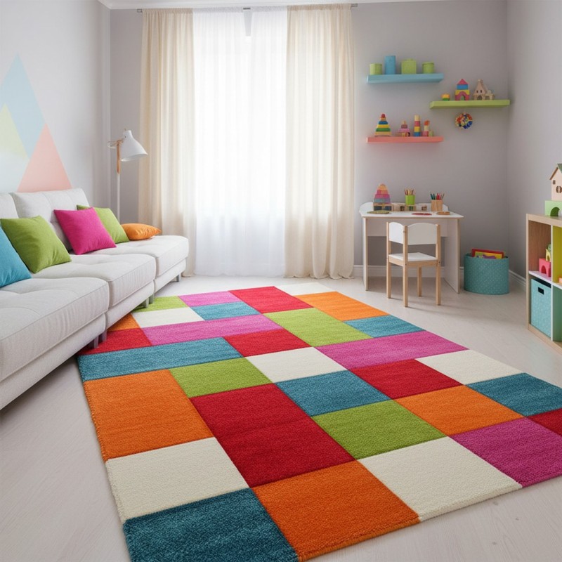 Tapis enfant multicolore motif blocs colorés velours doux 13 mm chambre ludique