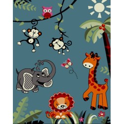 Children's rug, jungle animals, blue soft velvet, 13 mm, playful and colorful bedroom