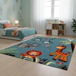 Children's rug, jungle animals, blue soft velvet, 13 mm, playful and colorful bedroom
