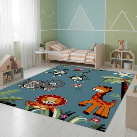 Kinderteppich mit Dschungeltieren, blauer, weicher Samt, 13 mm, verspieltes und farbenfrohes Schlafzimmer